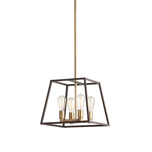 4-Light 60W Gold Pendant Light Fixture with Dark Bronze Metal Frame Shade