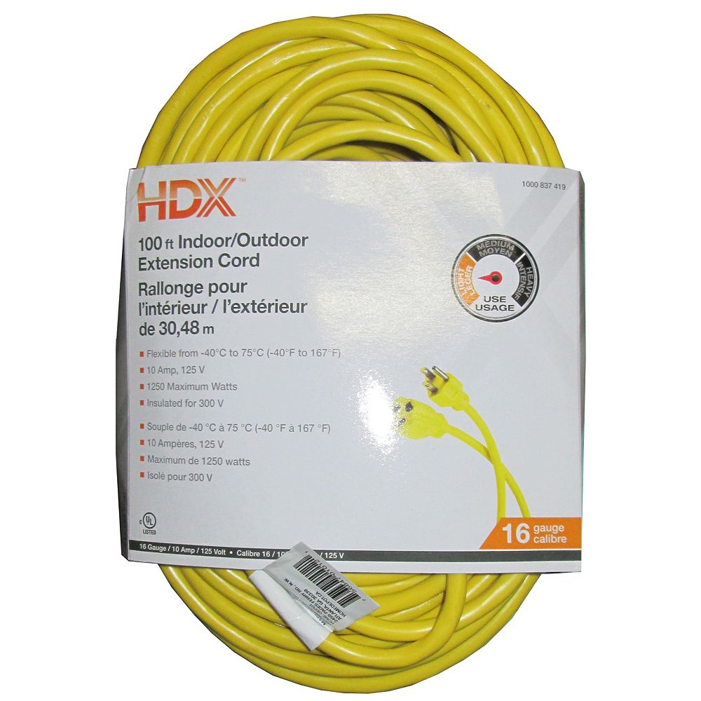 HDX 100 ft. Indoor/Outdoor Extension Cord in Yellow The Home Depot Canada