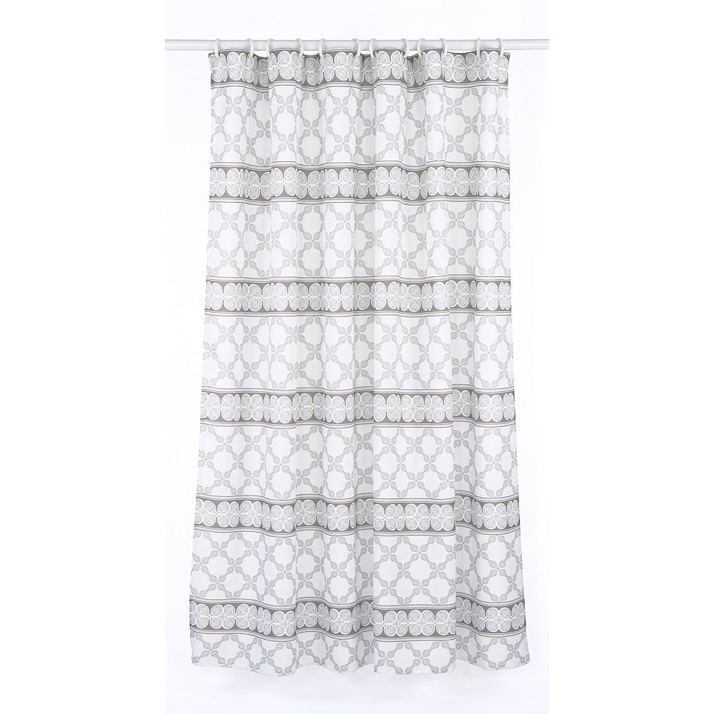 LJ Home Fashions Vogue Geometric Fabric Shower Curtain Liner Ring Set (14Piece) White/Bro