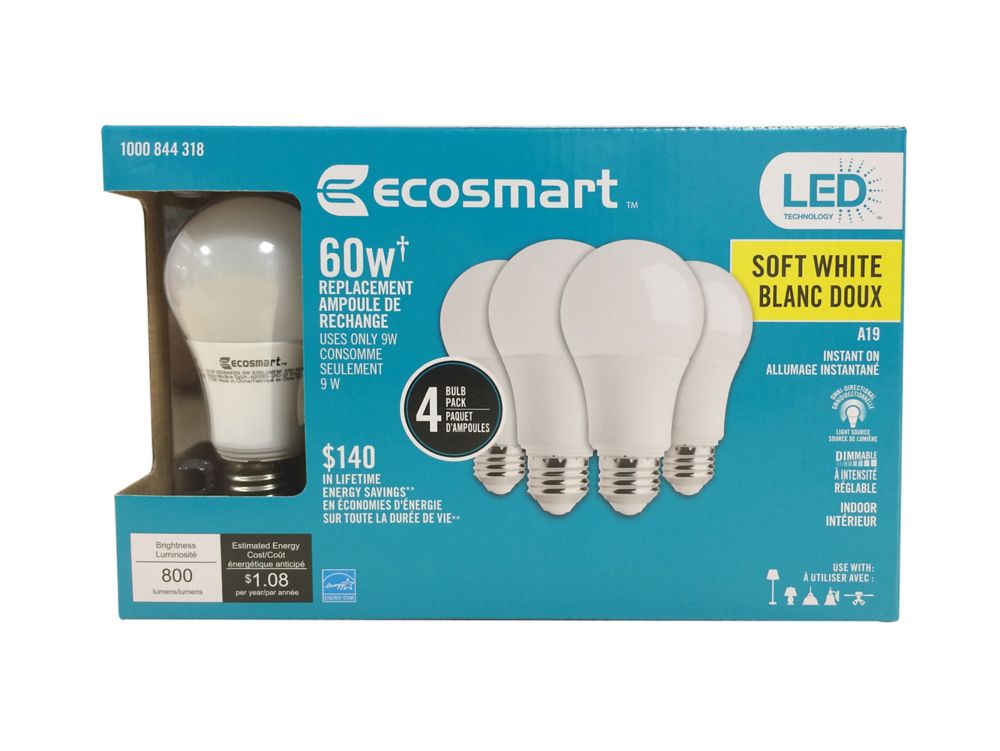 Ecosmart 60W Equivalent Soft White (2700K) A19 Dimmable LED Light Bulb ...