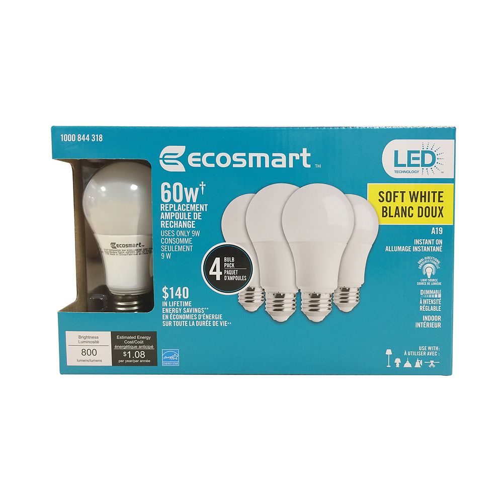 Ecosmart 60W Equivalent Soft White (2700K) A19 Dimmable LED Light Bulb ...