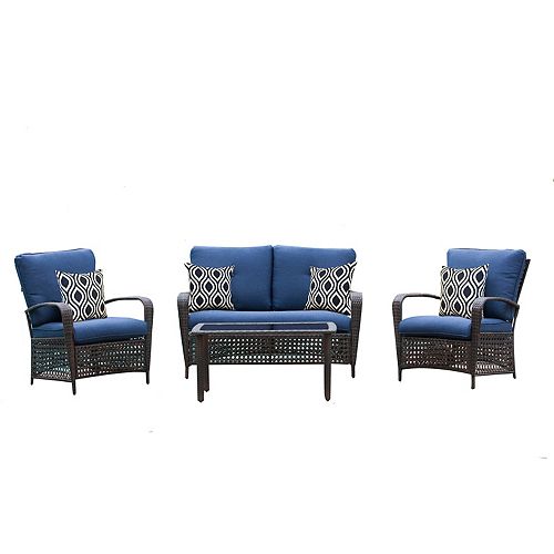 Delaronde 4-Piece Dark Brown Wicker Patio Chat Set with Navy Cushions