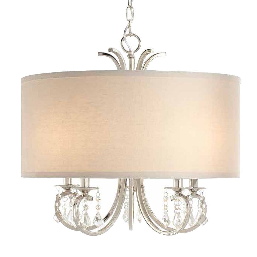 Home Decorators Collection 5 Light 40w Polished Nickel Chandelier With White Linen Drum Sh The Depot Canada 5 Light 40w Polished Nickel Chandelier, Home Depot Chandelier Glass Lamp Shades