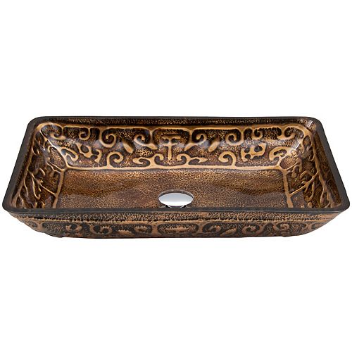 VIGO Glass Rectangular Vessel Bathroom Sink in Golden Greek