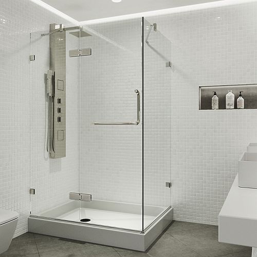 Monteray 48 in. x 36 in. x 79 in. Rectangular Pivot Frameless Corner Shower Enclosure in Brushed Nickel with Left Base