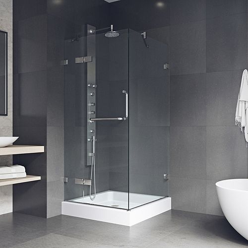 Monteray 32 in. W x 79 in. H Square Pivot Frameless Corner Shower Enclosure in Chrome with Clear Glass and Base