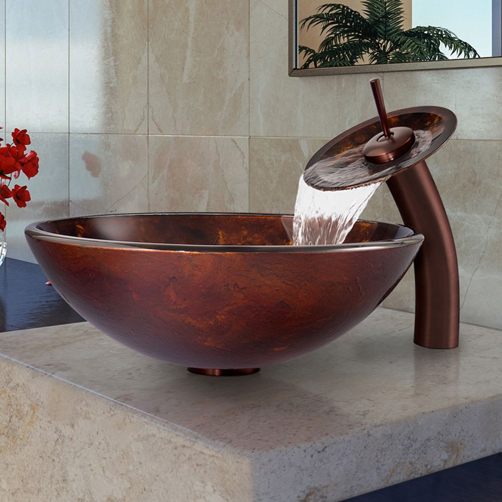 VIGO Glass Vessel Bathroom Sink In Brown And Gold Fusion With Waterfall   P 1000849363 