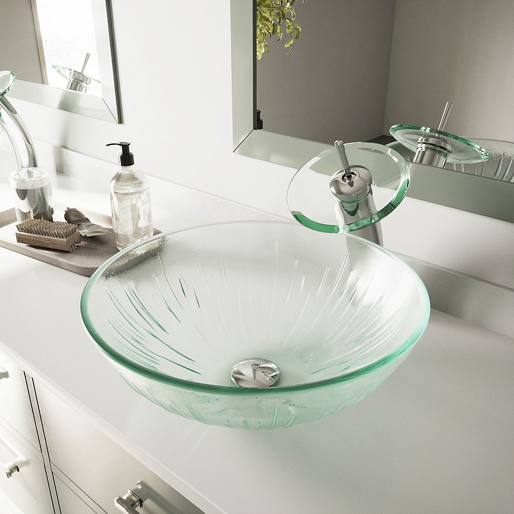 VIGO Icicles Round Tempered Glass Vessel Bathroom Sink in Clear with ...