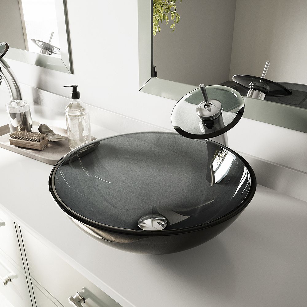 Vigo Glass Vessel Bathroom Sink In Sheer Black With Waterfall Faucet Set In Chrome The Home Depot Canada