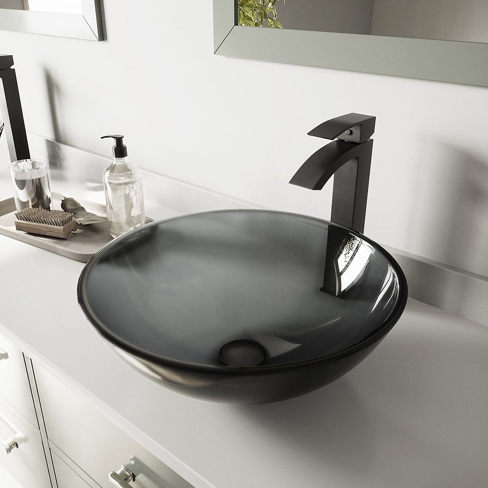 Vigo Glass Round Vessel Bathroom Sink In Sheer Black With Duris Faucet And Pop Up Drain In The Home Depot Canada