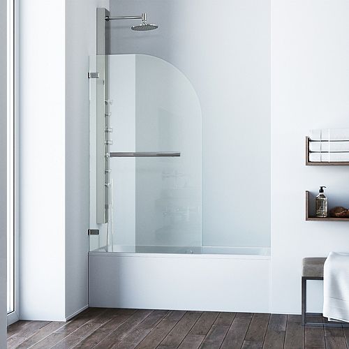 Orion 34 in. W x 58 in. H Pivot Frameless Tub Door in Stainless Steel with Clear Glass