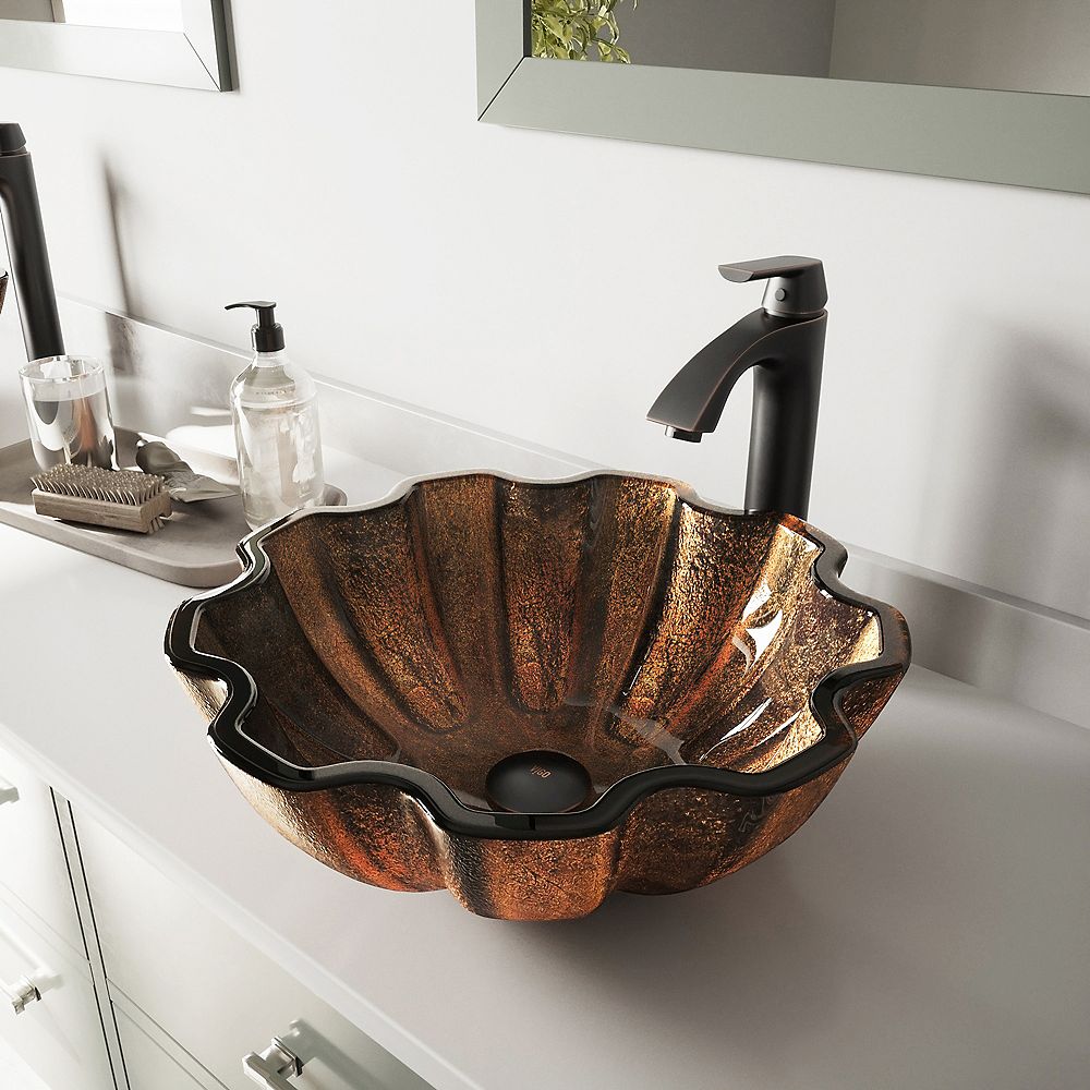 VIGO Glass Vessel Bathroom Sink in Brown Walnut Shell and Linus Faucet