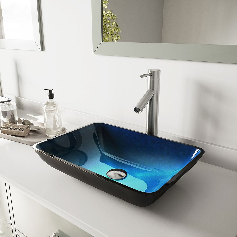 Vigo Rectangular Glass Vessel Bathroom Sink In Turquoise Water And Dior Faucet Set In Brus The Home Depot Canada