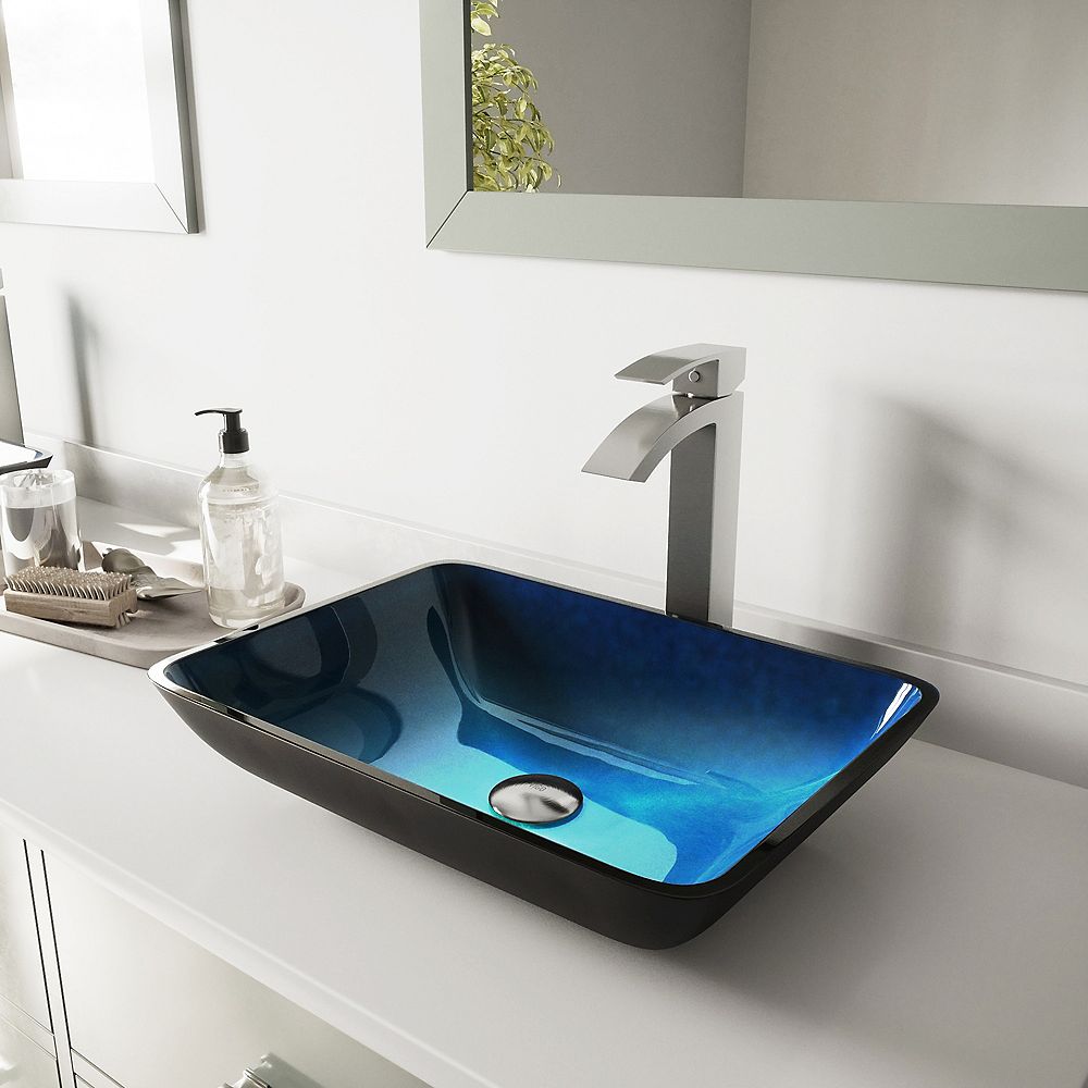 Vigo Glass Rectangular Vessel Bathroom Sink In Turquoise Blue With Duris Faucet And Pop Up The Home Depot Canada