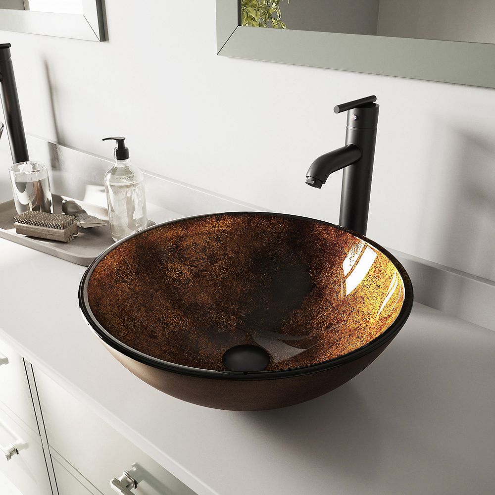 VIGO Glass Vessel Bathroom Sink in Russet and Seville Faucet Set in