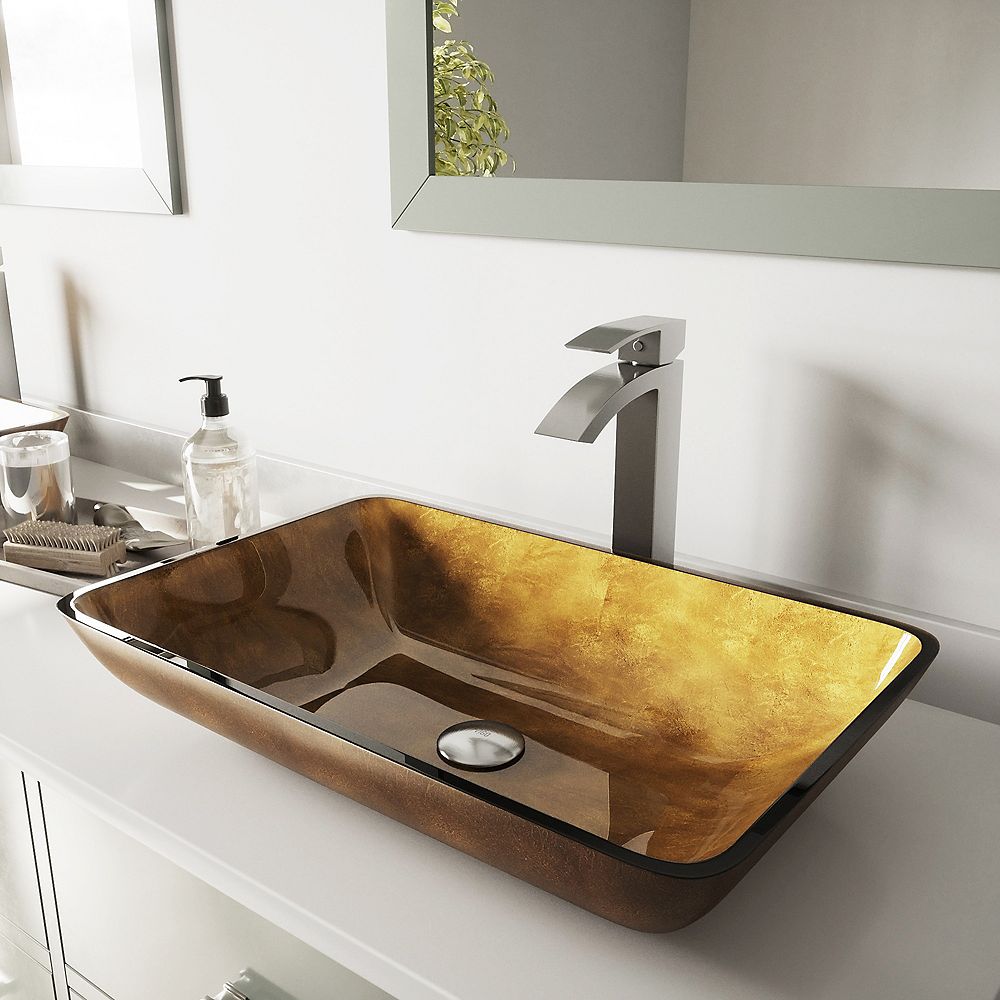 VIGO Glass Rectangular Vessel Bathroom Sink in Gold with Duris Faucet