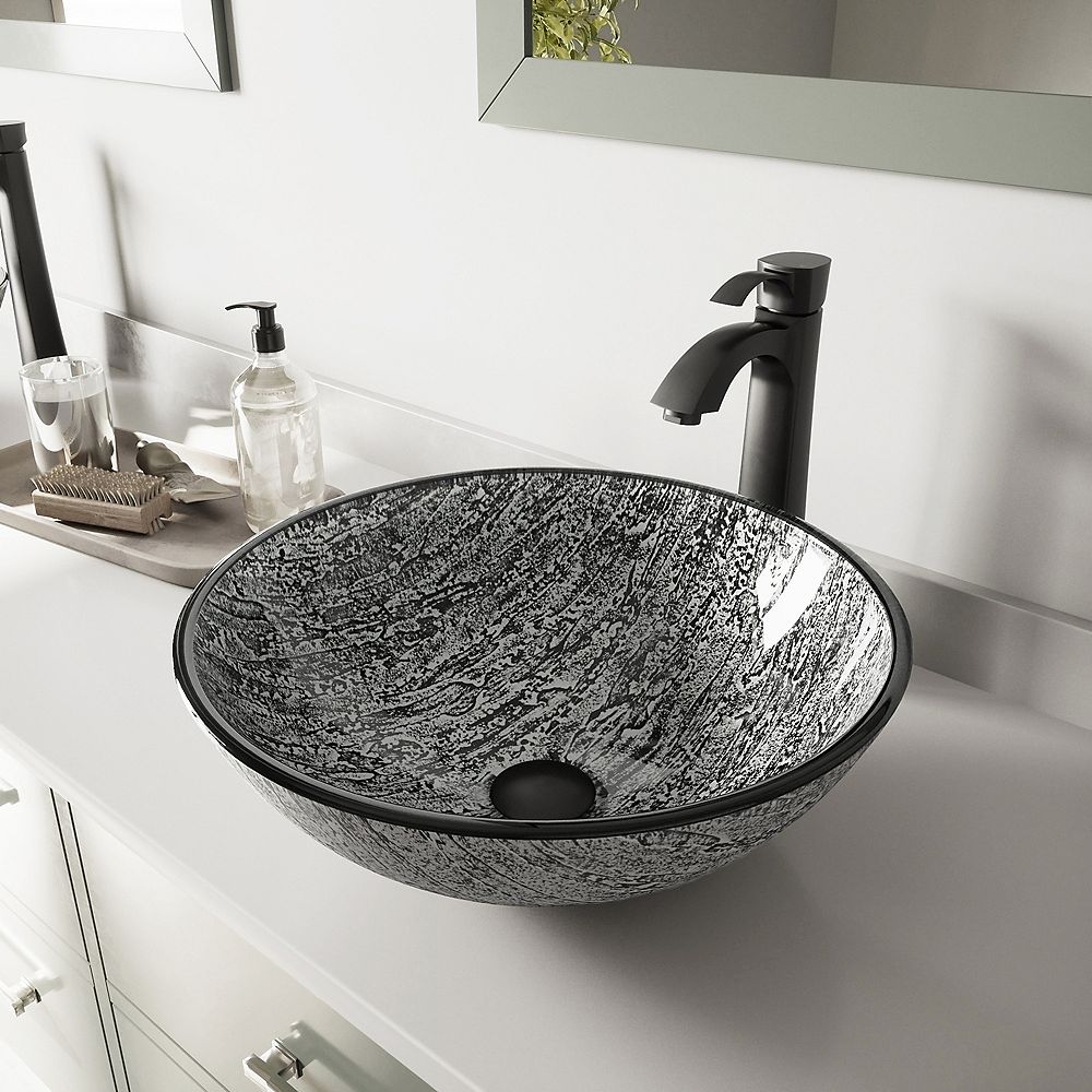 VIGO Glass Vessel Bathroom Sink in Titanium with Otis Faucet Set in