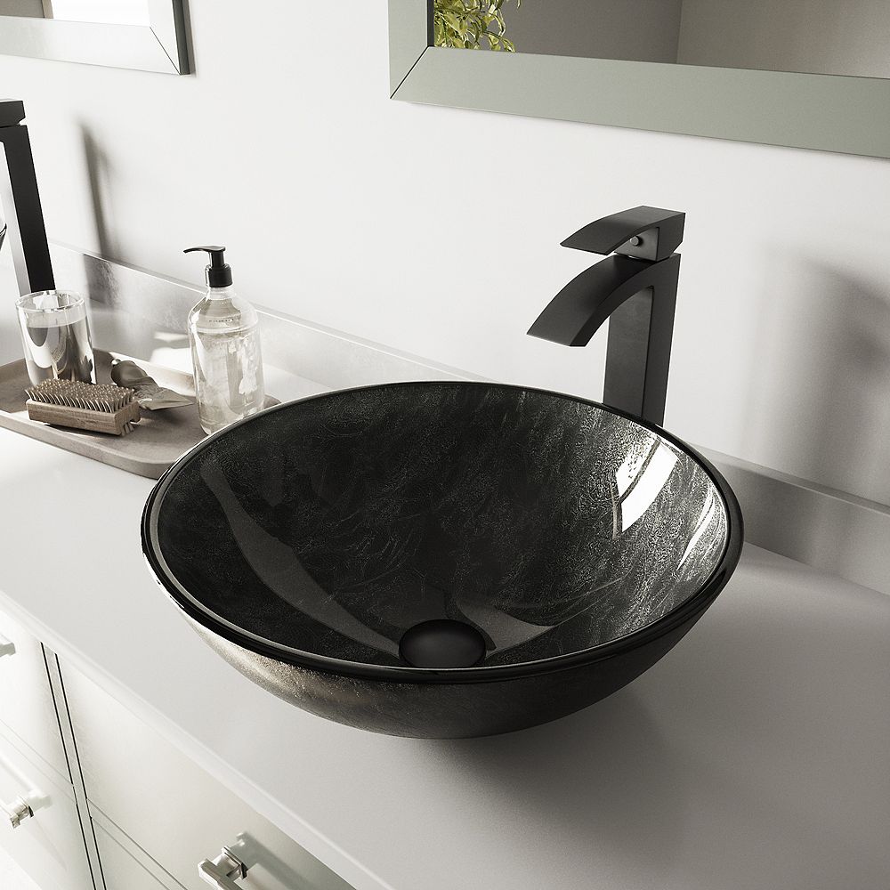 Vigo Glass Round Vessel Bathroom Sink In Onyx Gray With Duris Faucet And Pop Up Drain In M The Home Depot Canada