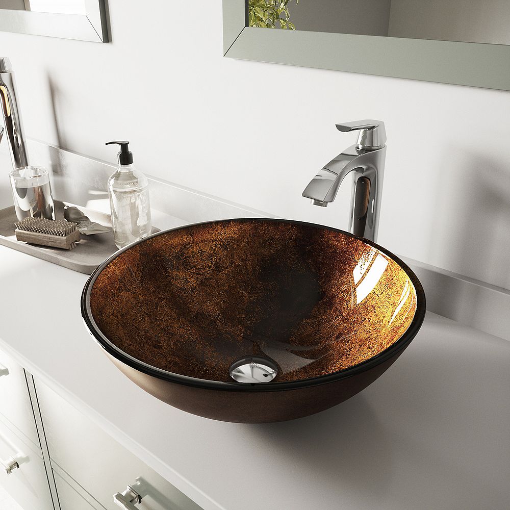 Vigo Glass Round Vessel Bathroom Sink In Russet Brown With Linus Faucet And Pop Up Drain I The Home Depot Canada