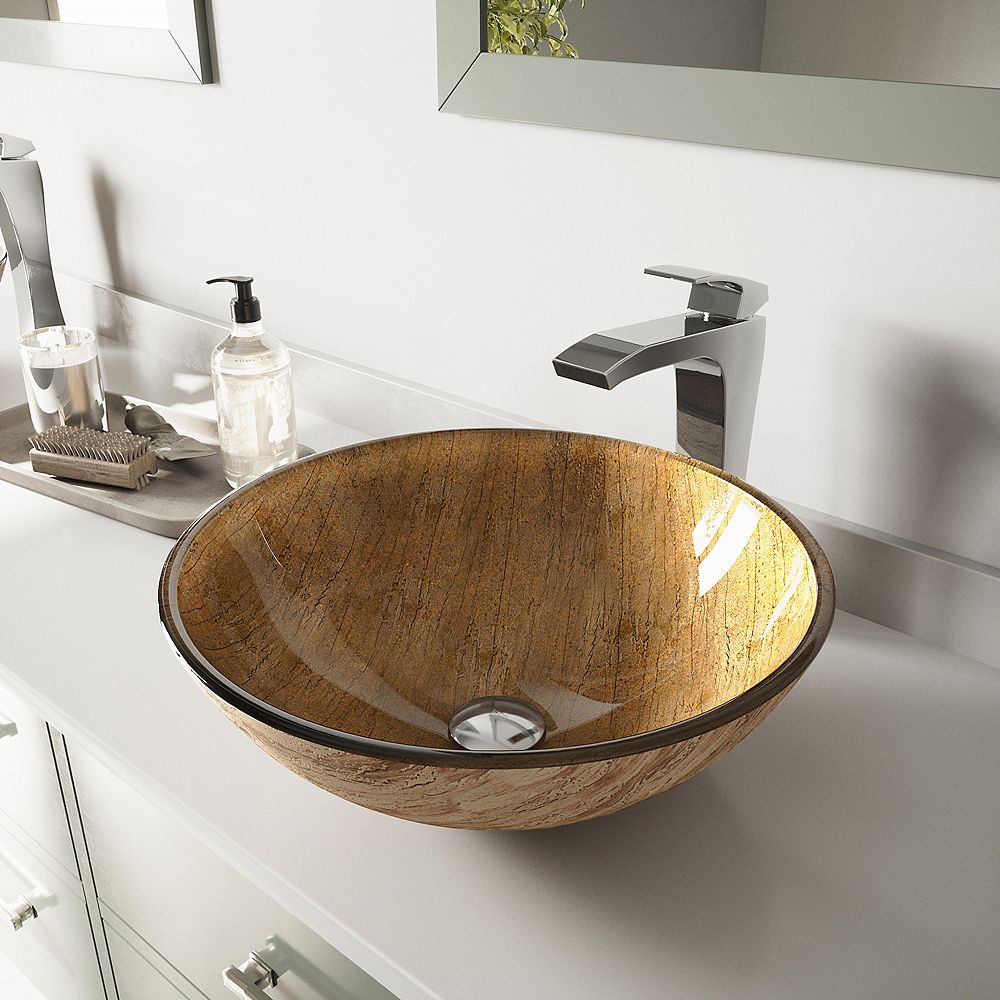 VIGO Amber Sunset Glass Vessel Bathroom Sink in Multicolor with Faucet ...