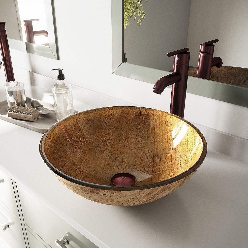 Vigo Glass Round Vessel Bathroom Sink In Wooden Brown With Seville Faucet And Pop Up Drain The Home Depot Canada