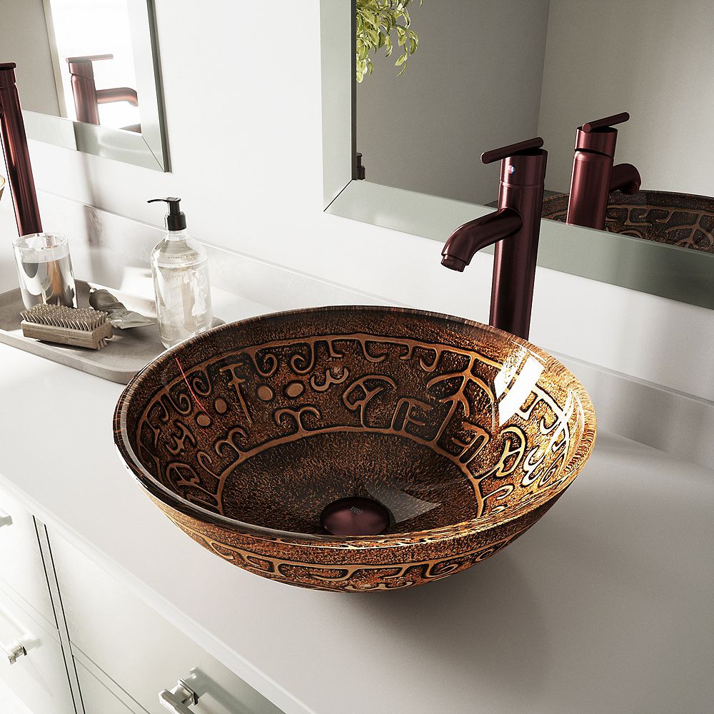 Vigo Vessel Bathroom Sink In Copper Mosaic With Faucet Set In Oil Rubbed Bronze The Home Depot Canada