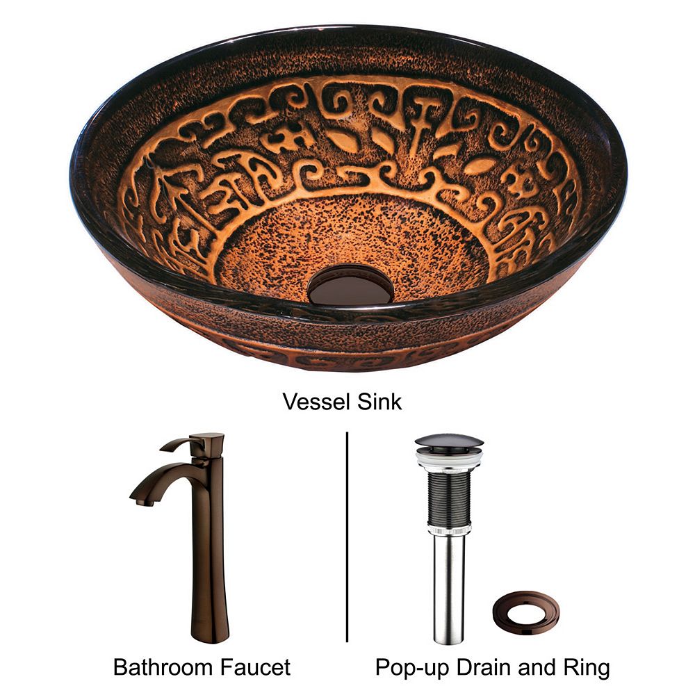 VIGO Golden Greek Glass Vessel Bathroom Sink in Bronze with Faucet in ...