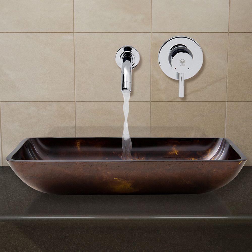 VIGO Rectangular Glass Vessel Bathroom Sink in Brown/Gold Fusion with
