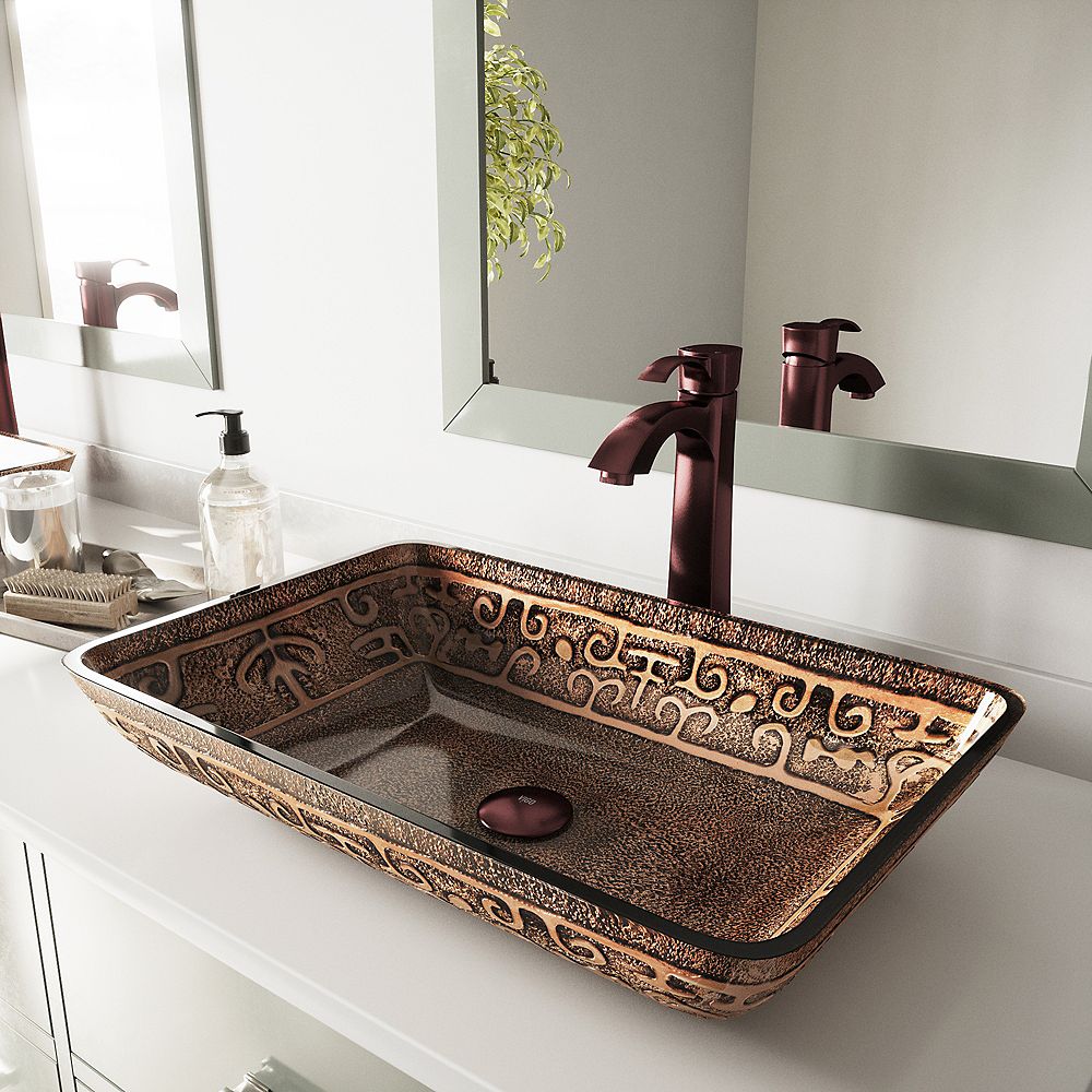 Vigo Glass Rectangular Vessel Bathroom Sink In Golden Greek With Otis Faucet And Pop Up Dr The Home Depot Canada