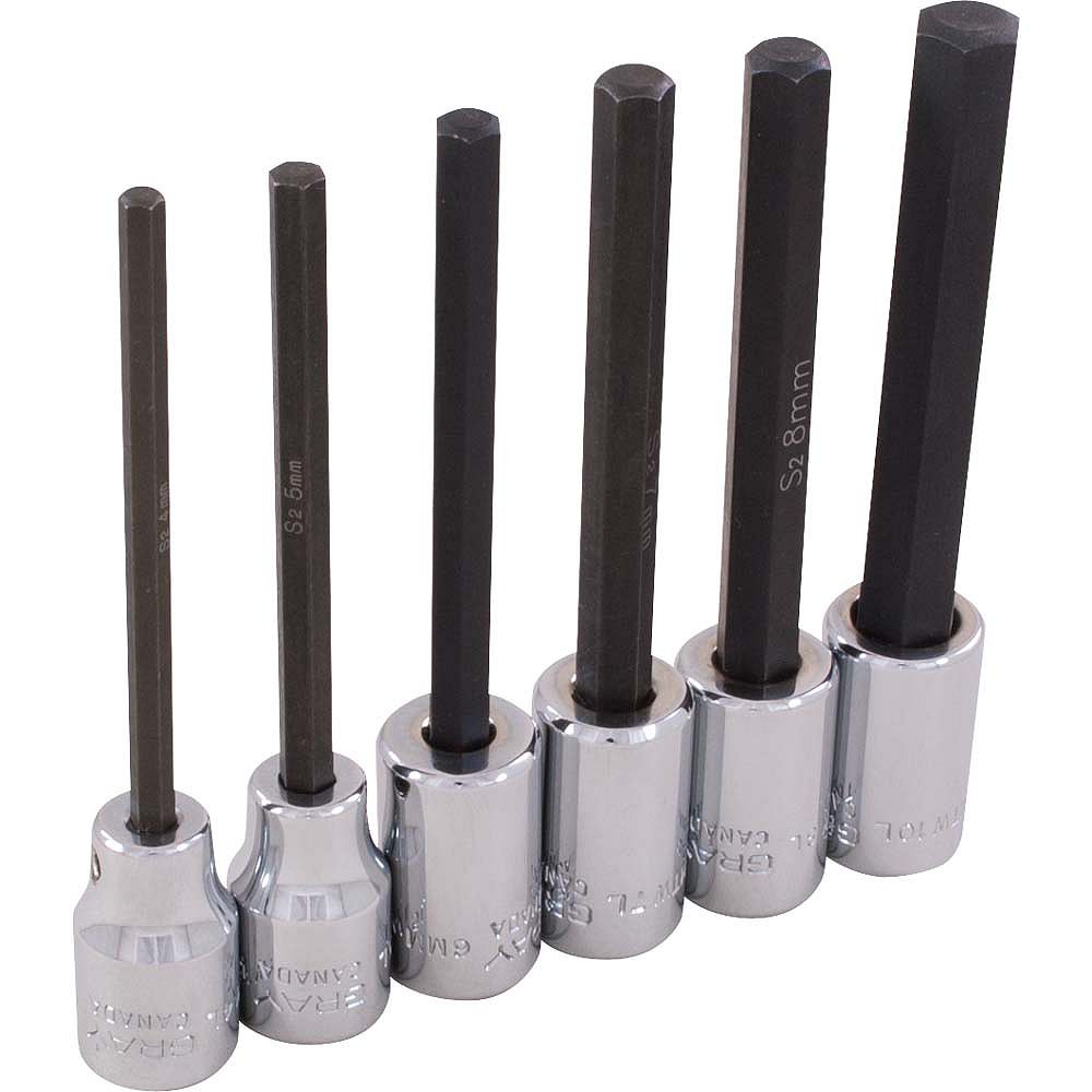 GRAY TOOLS 6Piece Socket Set Hex Head 3/8 Inch Drive Extra Long Metric