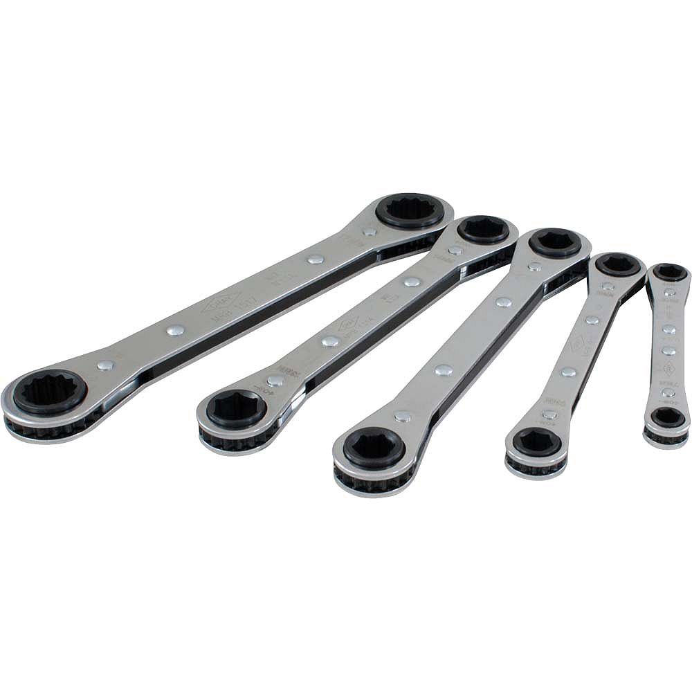 GRAY TOOLS 5Piece 6 & 12 Point Metric, Flat Ratcheting Box Wrench, 7mmx8mm 15mmx17mm The