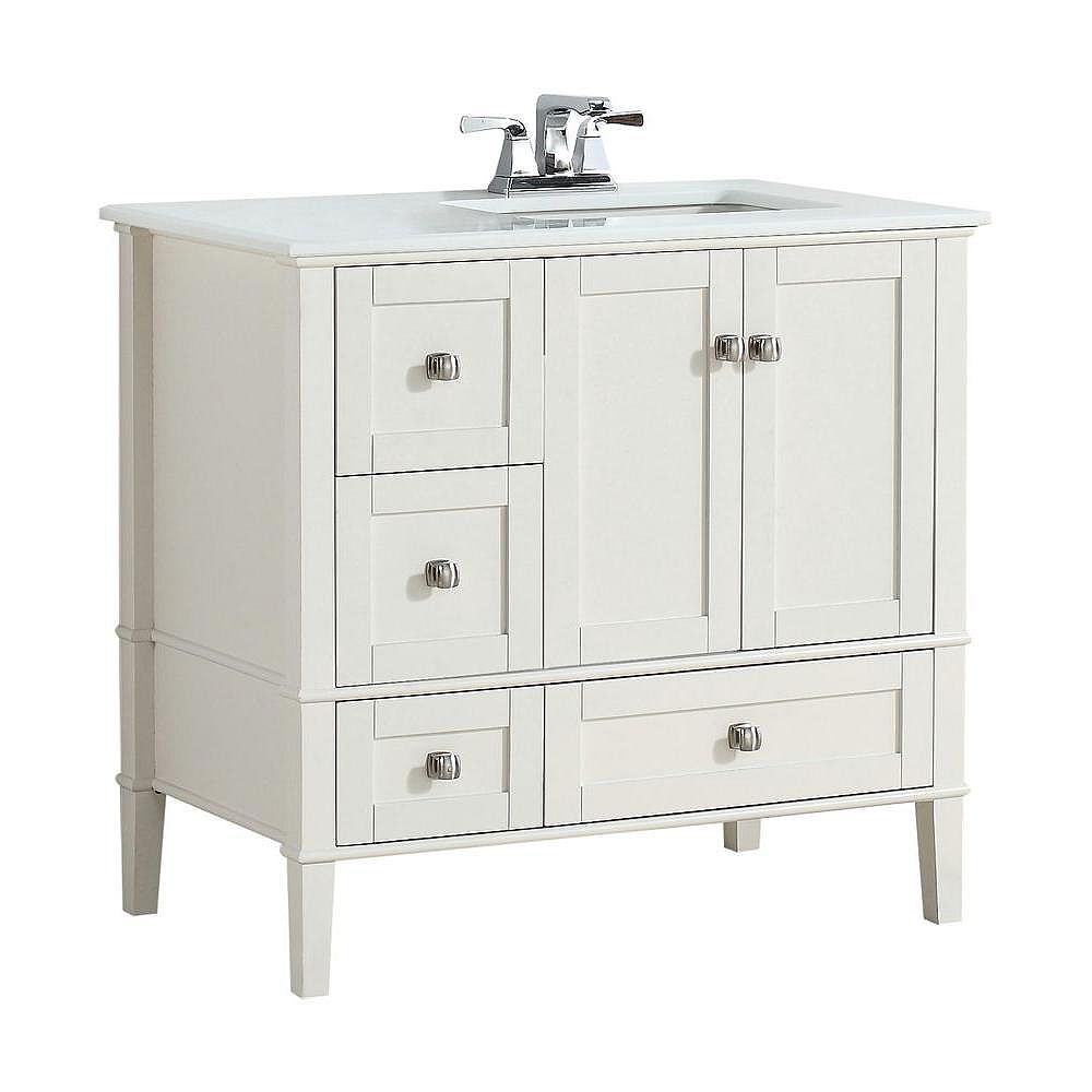 Simpli Home Chelsea 36 Inch Vanity In Soft White With Quartz Marble Vanity Top In White An The Home Depot Canada