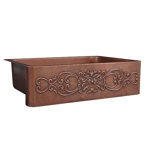 Ganku Farmhouse Apron Front Handmade Pure Copper 33 in. Single Bowl Kitchen Sink with Scroll Design