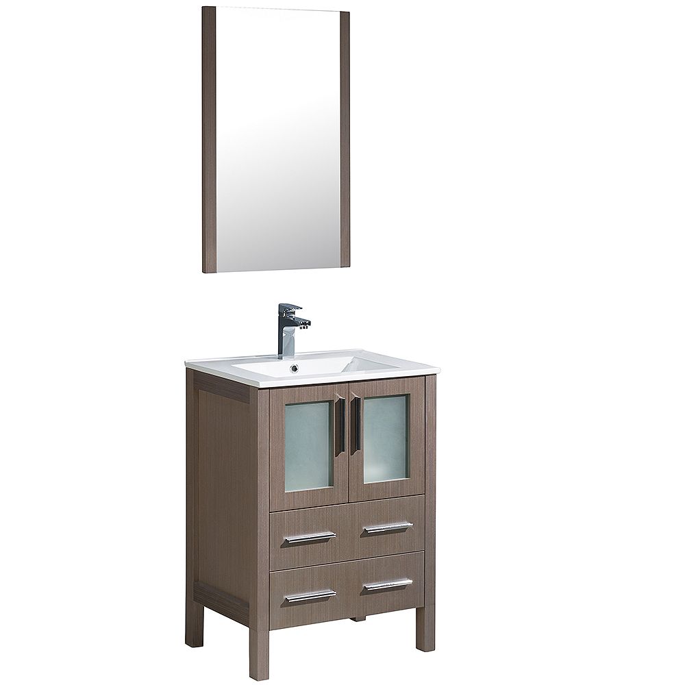 Fresca Torino 24 Inch W Vanity In Grey Oak Finish With Integrated Sink And Mirror The Home Depot Canada