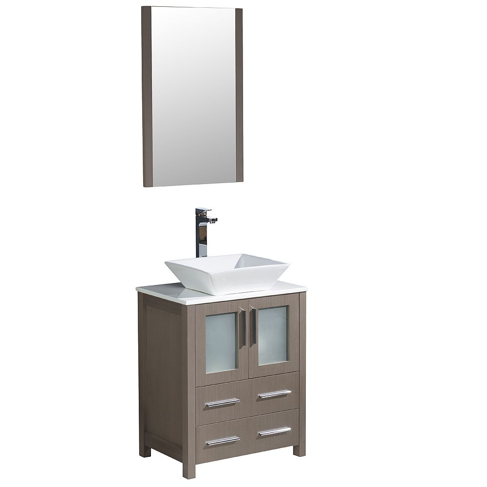 Fresca Torino 24 Inch W Vanity In Grey Oak Finish With Vessel Sink And Mirror The Home Depot Canada