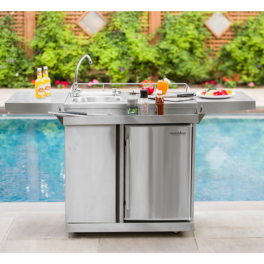 Leisure Season Outdoor Kitchen Cart Beverage Center With Fridge Sink The Home Depot Canada