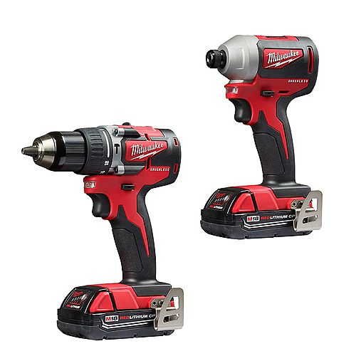 Milwaukee Tool M18 18V Brushless Cordless Compact Hammer Drill Impact Driver Combo Kit  W/ (2) 2.0Ah Batteries