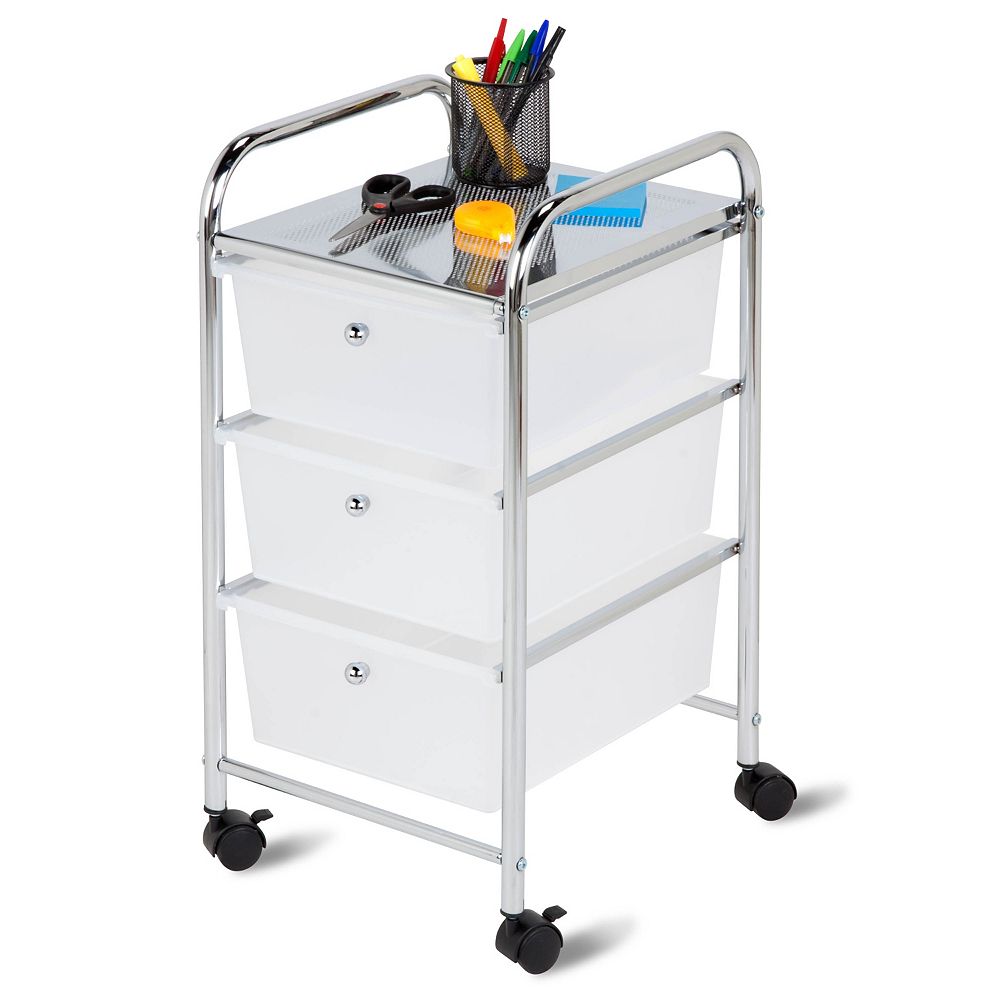 HoneyCanDo 3Drawer Rolling Storage Cart in Chrome and White The