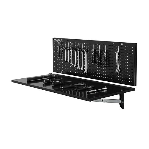 43-inch Folding Steel Workbench with Pegboard Back Wall in Black