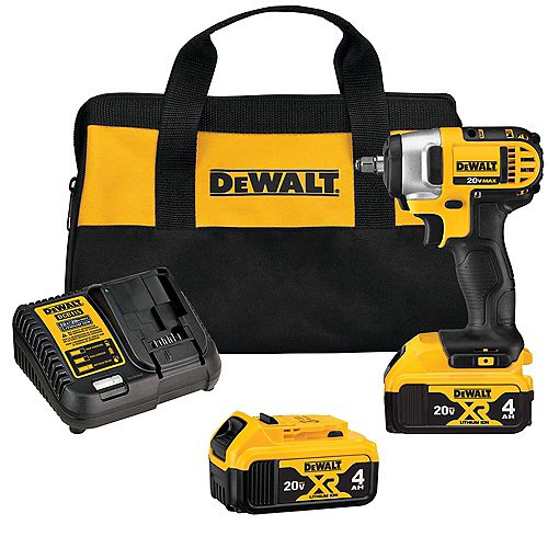 DEWALT 20V MAX Lithium-Ion Cordless 3/8-inch Impact Wrench Kit with (2) 4Ah Batteries, Charger and Bag