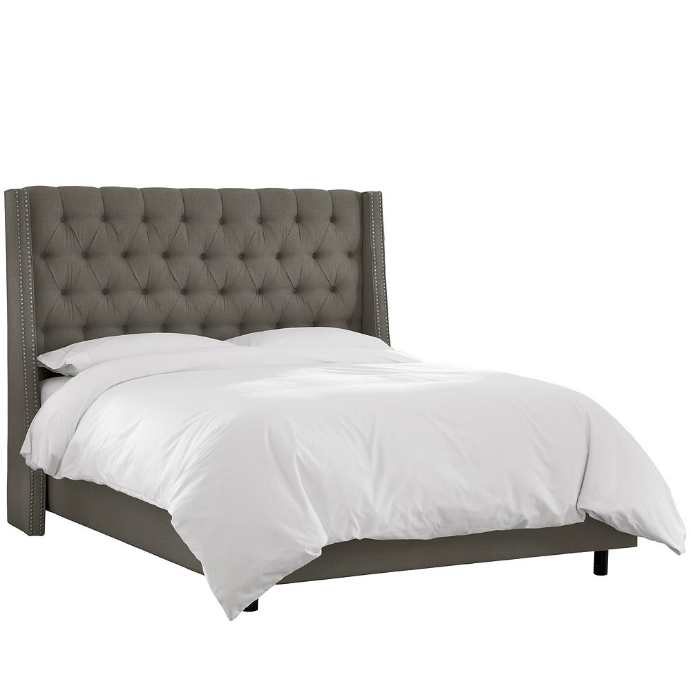 Skyline Furniture King Nail Button Tufted Wingback Bed In Twill Grey The Home Depot Canada