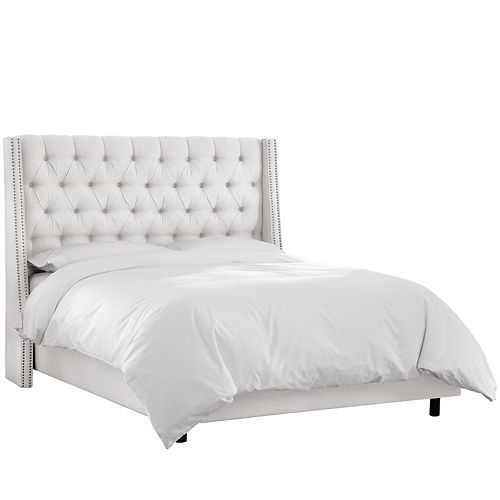 King-Size Nail Button Tufted Wingback Bed in Twill White