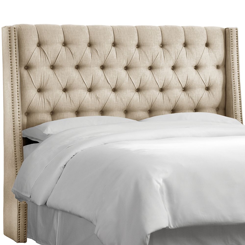 Skyline Furniture King Nail Button Tufted Wingback Headboard In Twill Natural The Home Depot Canada