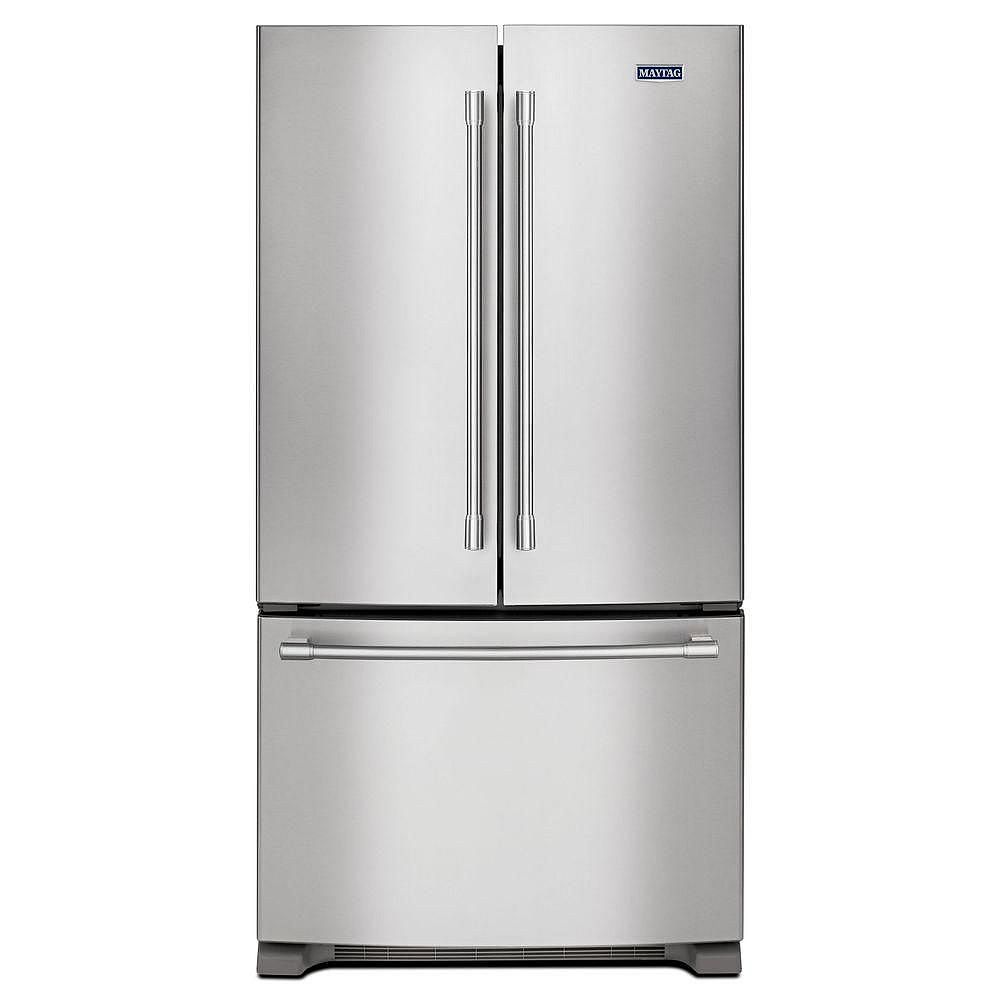 Maytag 36 Inch W 20 Cu Ft French Door Refrigerator In Fingerprint Resistant Stainless St The Home Depot Canada