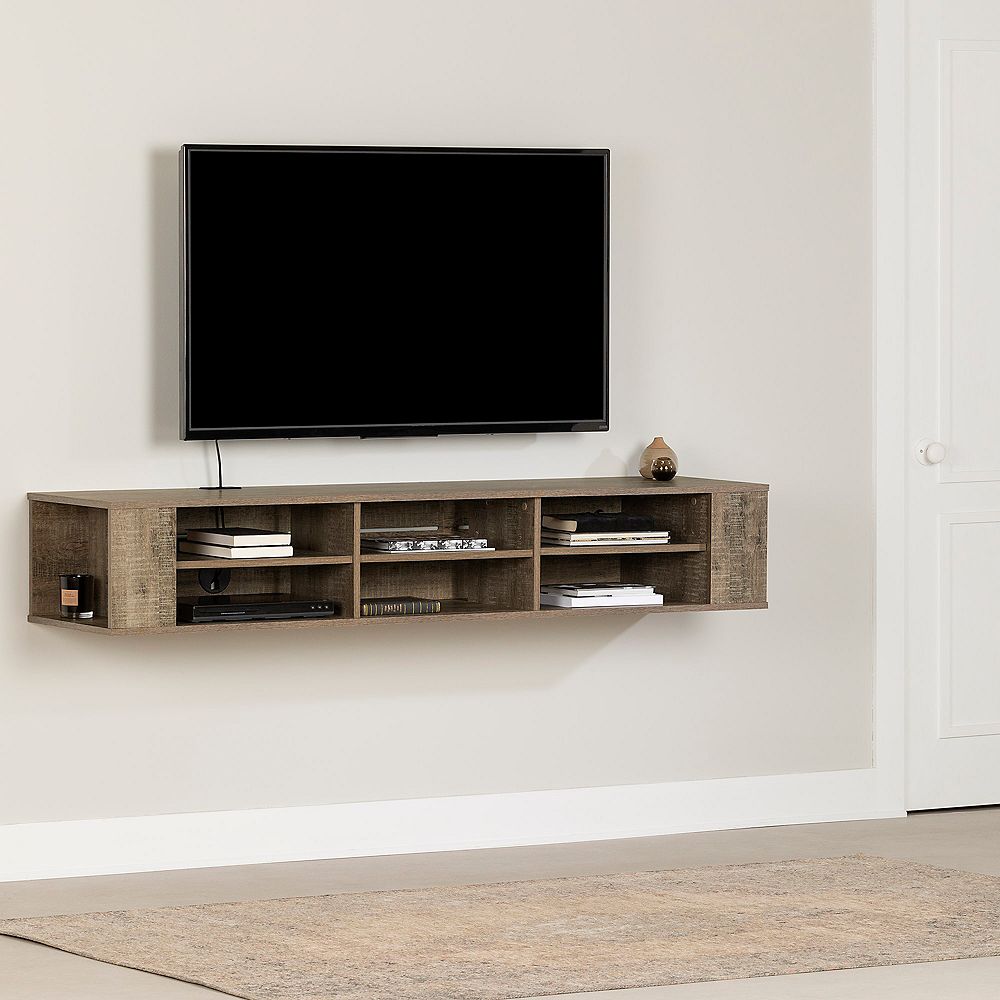 South Shore City Life 66 Inch Wall Mounted Media Console Weathered Oak The Home Depot Canada