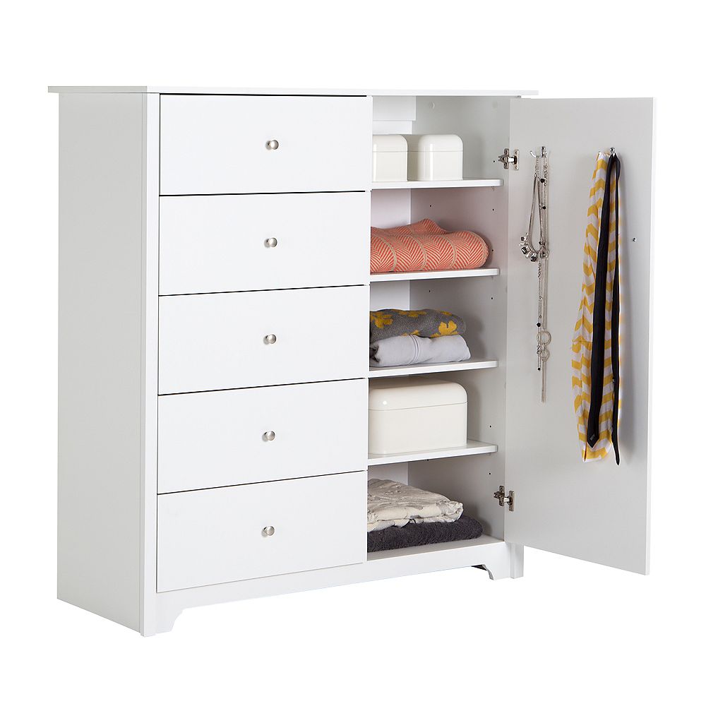 South Shore Vito Door Chest with 5 Drawers, Pure White The Home Depot