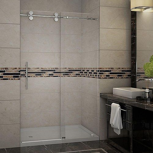 Aston Langham 48 Inch X 77.5 Inch Completely Frameless Sliding Shower Door With Base, Left Drain In Chrome