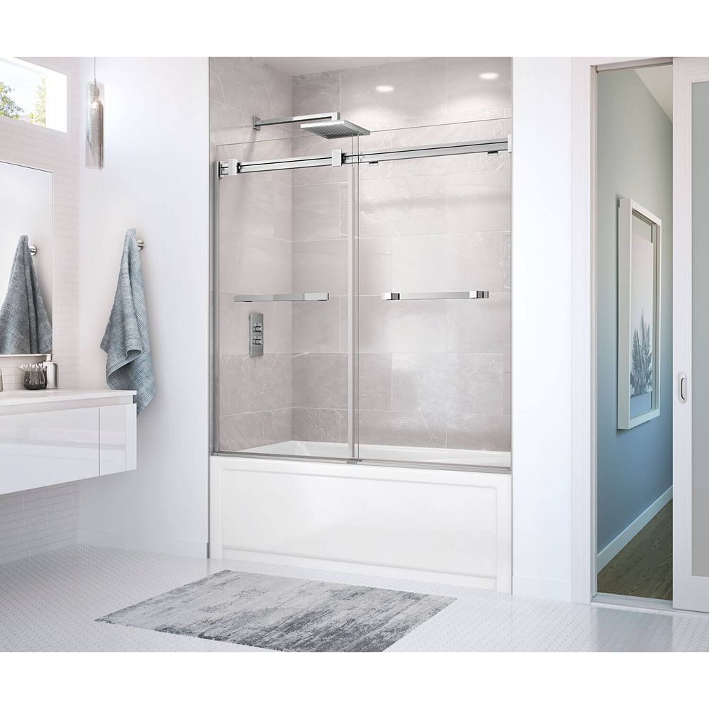 Maax Duel 56 59w X 55 1 2h Frameless Bypass Tub Door In Chrome With Clear Glass The Home Depot Canada