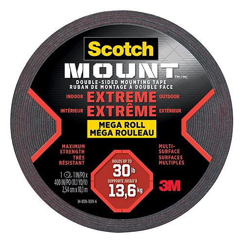 Scotch-Mount Extreme Double-Sided Mounting Tape Mega Roll 414H-LONGDC-EF, Black, 1 in x 400 in (2.54 cm x 10.1 m), 1 Roll/Pack