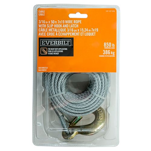 Everbilt 3/16 inch x 50 ft. 7x19 Galvanized Aircraft Cable with 4 Wire Rope Clips and 2 T